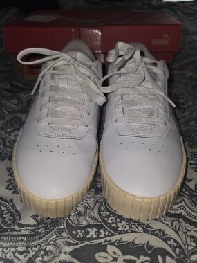 White Leather Sneakers with Cream Platform Sole